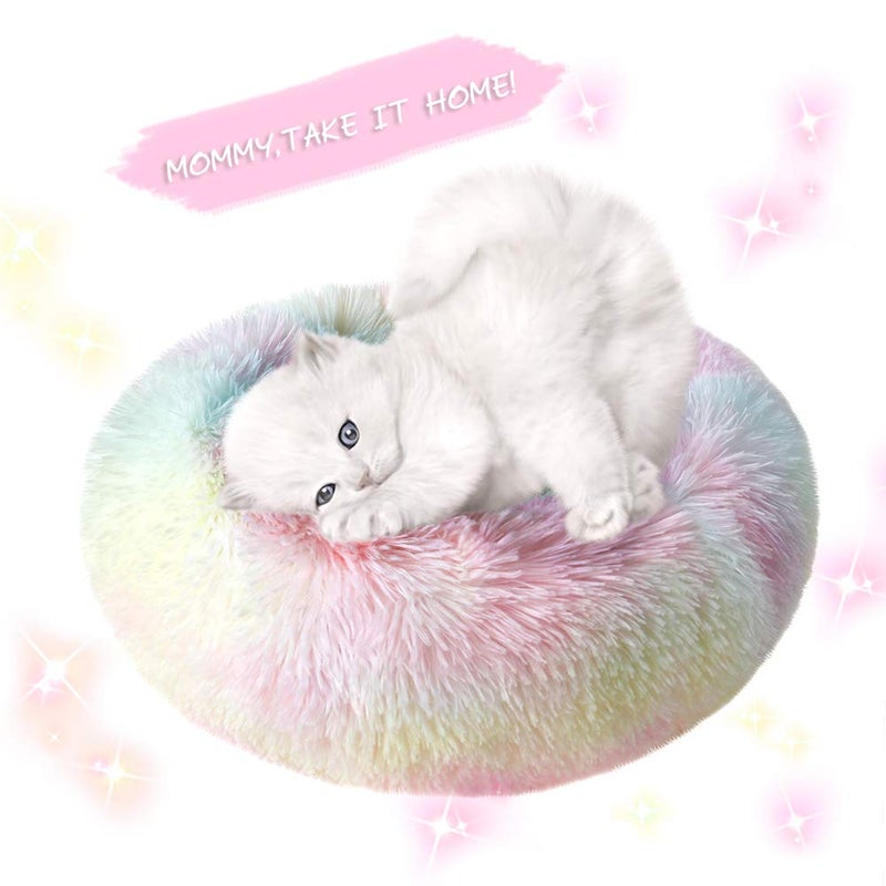 otoez Kitten Puppy Bed Extra Small XS Round Dog Cat Beds Anti Anxiety Plush Pet Calming Donut Bed with Non-Slip Waterproof Bottom, Washable (15.7", Rainbow) - Image 2
